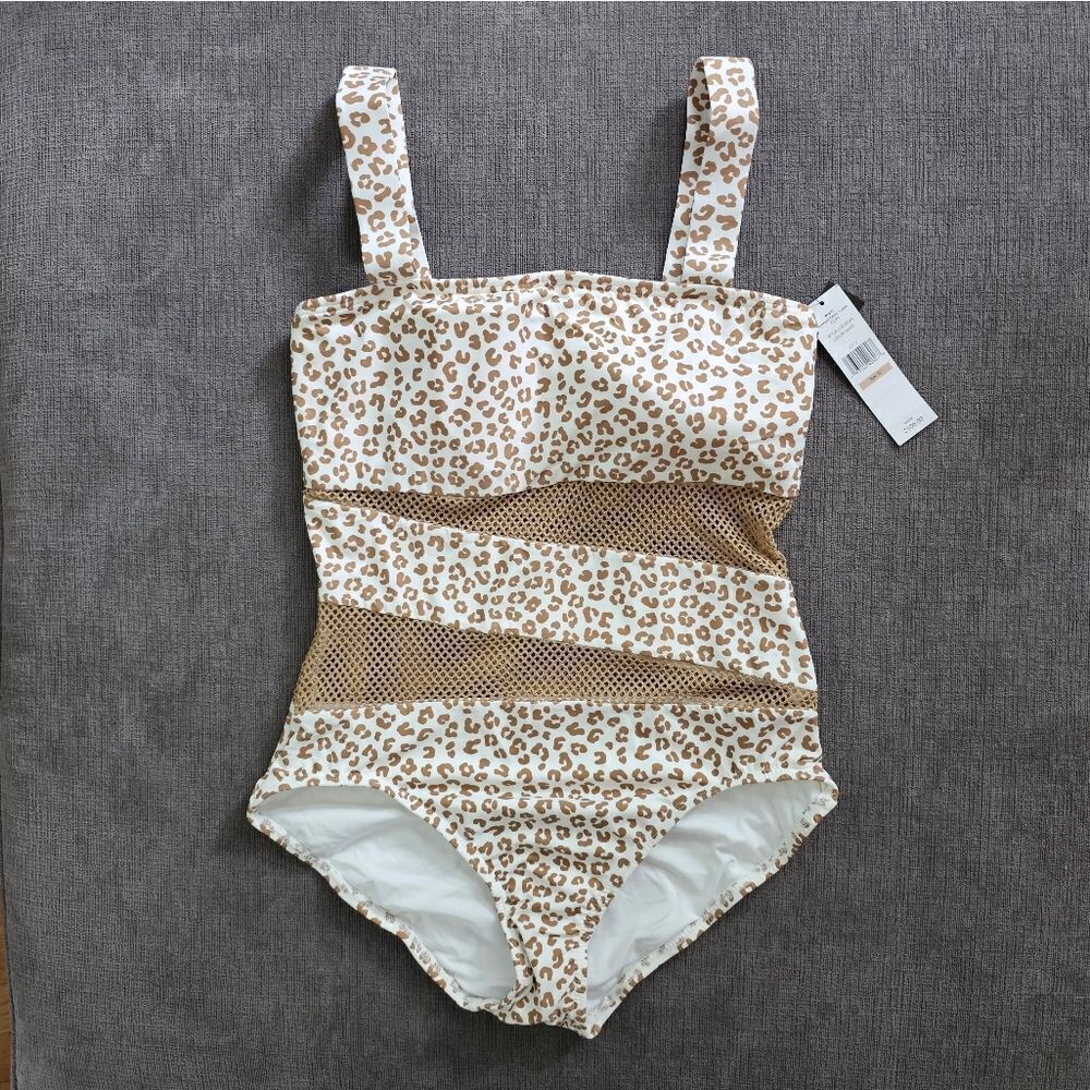 Carmen Marc Valvo White tan white Mesh Panel One Piece Swimsuit sz 12
